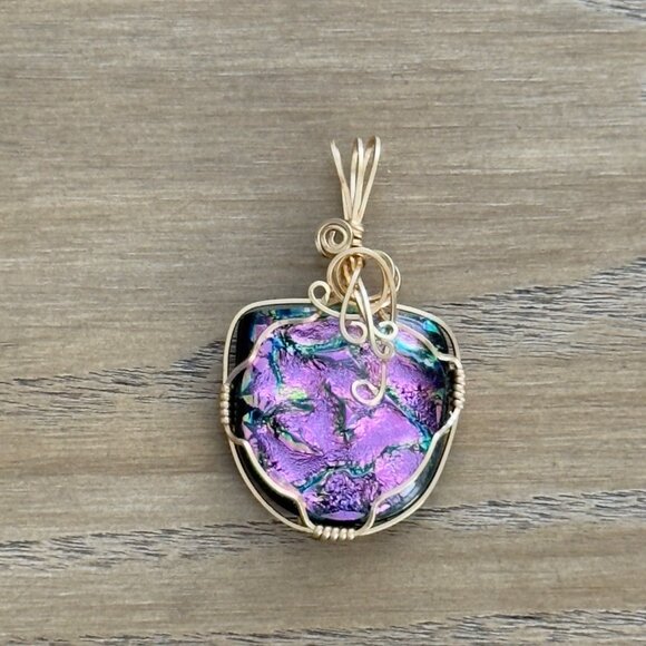 Handcrafted Dichroic Glass Pendant Purple Green Gold Tone Wire Wrap - Picture 1 of 11